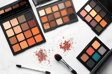 Luxury eyeshadow palettes and silicone tip applicator flat lay.