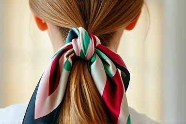 Woman tying silk scarf in her hair