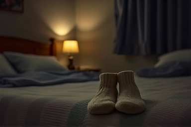 Cozy sleep socks on a nightstand, symbolizing deep rest.
