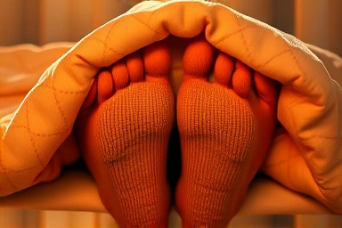 Comfortable feet in warm socks, promoting relaxation and sleep.