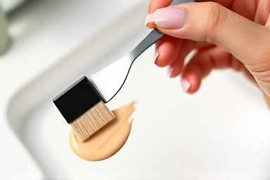 Hand applying thin foundation with makeup spatula