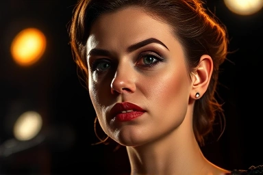 Actress's dramatic stage makeup under bright spotlights