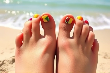 Vibrant summer pedicure on feet at a beach