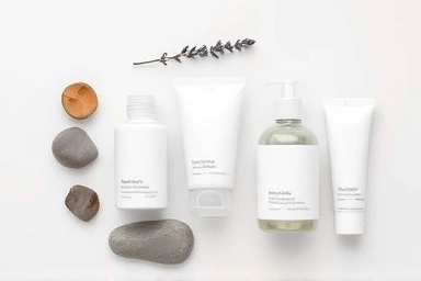 Minimalist skincare products, calming arrangement, natural beauty.