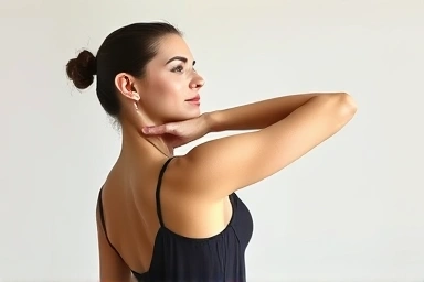 Woman stretching to reduce trapezius muscle for elegant neck and shoulder line.