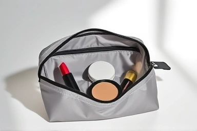 Lightweight travel makeup pouch with organized essentials.
