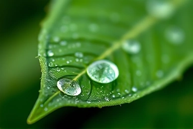 Dewy green leaf with water droplets, symbolizing natural skincare.