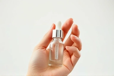 Hand holding clear serum bottle, minimalist aesthetic, natural skincare.