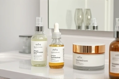 Gentle skincare products, organized vanity counter, effective home routine