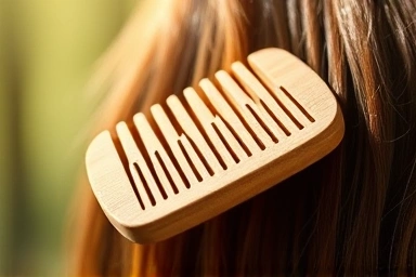 Handcrafted wooden comb in use on healthy hair