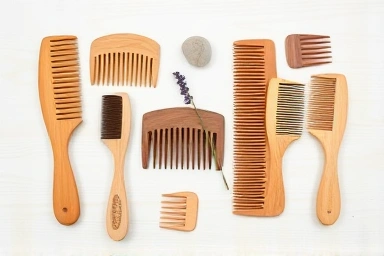 Assortment of natural wooden combs on a neutral background