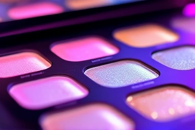 Iridescent Y2K highlighter palette with pink, blue, and champagne shades.