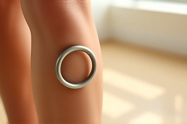Woman's calf with yoga ring, symbolizing calf slimming and relief.