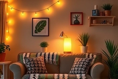 Cozy studio apartment decorated affordably with warm lighting and textiles.