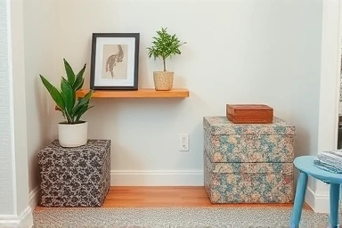 Budget-friendly decor details: shelf, plant, art, storage, and rug.