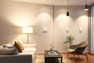 Modern living room with multi-zone lighting controlled by switches