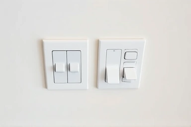 Close-up of 2-gang and 3-gang light switches on a wall