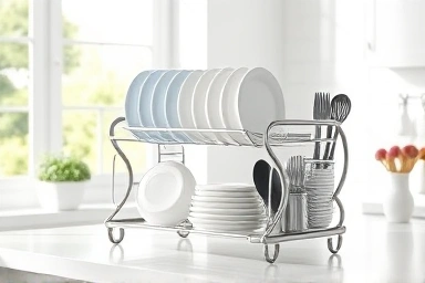 Tidy kitchen with stainless steel two-tier dish rack.