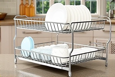 Close-up of efficient two-tier dish rack water drainage.