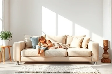 Modern living room featuring a comfortable 4-seater easy-clean fabric sofa bathed in natural light.