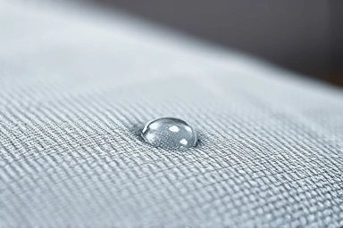 Close-up of advanced easy-clean fabric with water droplet beading, showcasing its water-repellent properties.