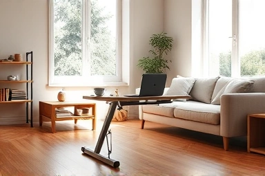 Modern adjustable floor desk in a bright, minimalist living room.