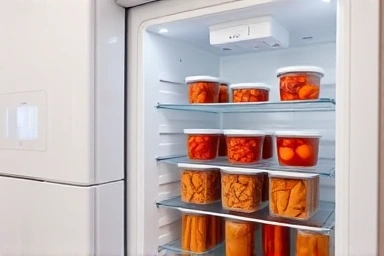 Neatly organized aged kimchi containers in a modern refrigerator.