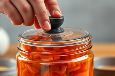 Hand sealing an airtight container with aged kimchi.