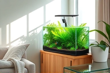 Cozy living room with a vibrant aquarium and aquatic plants.