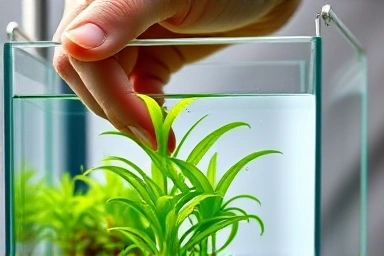 Hand planting aquatic greenery in a small, modern aquarium.