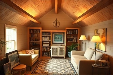 Cozy attic room sanctuary with sunlight and warm decor.