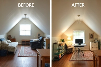 Attic room transformation: cluttered before to cozy sanctuary after.