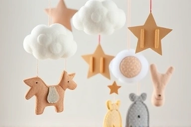 Close-up of felt and wood baby mobile details.