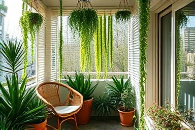 Cozy balcony garden oasis with plants and seating