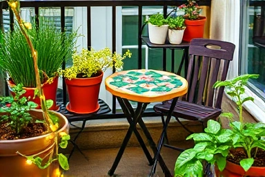 Small balcony garden corner with foldable furniture and decor