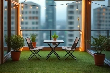 Cozy balcony transformed into a personal camping retreat with artificial grass and string lights.