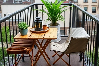 Stylish foldable camping furniture and plants creating a warm atmosphere on a balcony.