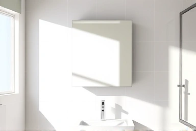 Bright, spacious bathroom with a modern mirror cabinet.