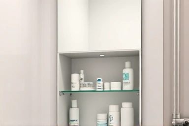 Compact bathroom with efficient sliding mirror cabinet.