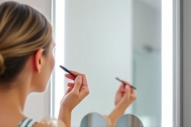 Glare-free LED lighting on a bathroom mirror for makeup.