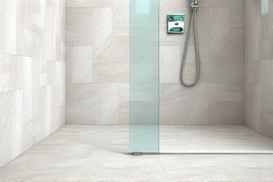 Close-up of bathroom wet-dry floor tile transition