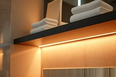 Close-up of bathroom zenda shelf with LED lighting