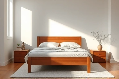 Serene bedroom with natural light and wooden bed frame.