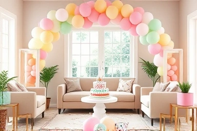 Joyful birthday party with organic balloon arch and confetti.