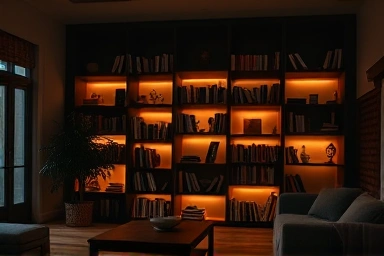 Cozy living room bookshelf with integrated LED lighting.