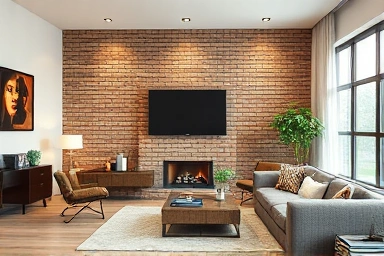 Stylish living room with a textured brick accent wall.