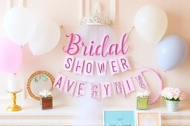Elegant bridal shower party supplies arranged for a celebration.