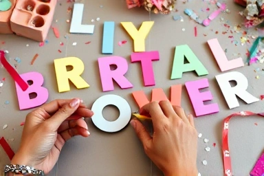 Hands crafting a DIY bridal shower banner with colorful materials.