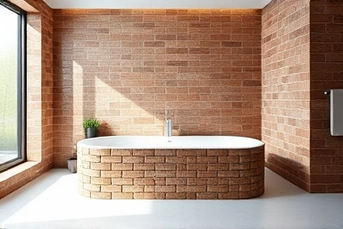 Luxurious custom-built brick bathtub in a modern spa-like bathroom.