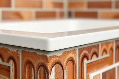 Detailed craftsmanship of a custom-built brick bathtub edge.